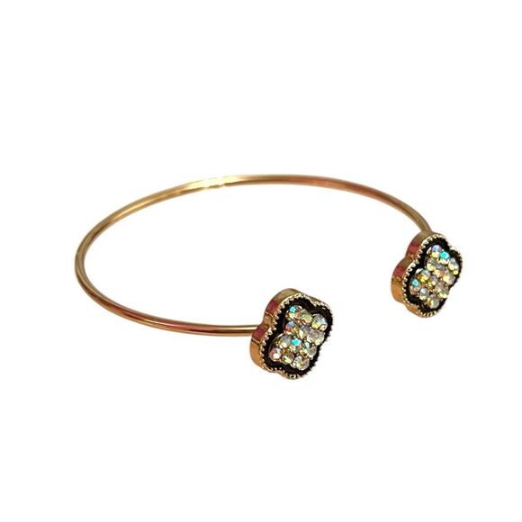 Elegant Double Clover Aurora Borealis Stones Black Edge Gold Tone Open Bangle - Picture 2 of 3